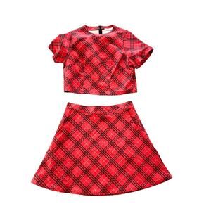 Tuesday Bassen Red Black Plaid Mini Skirt Set 2 Piece Stretch Cotton Size small